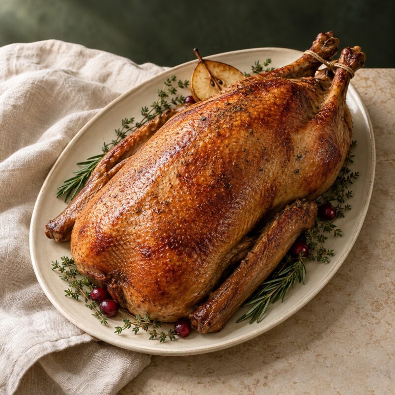 Roast goose with thyme and roasted pear — serving suggestion