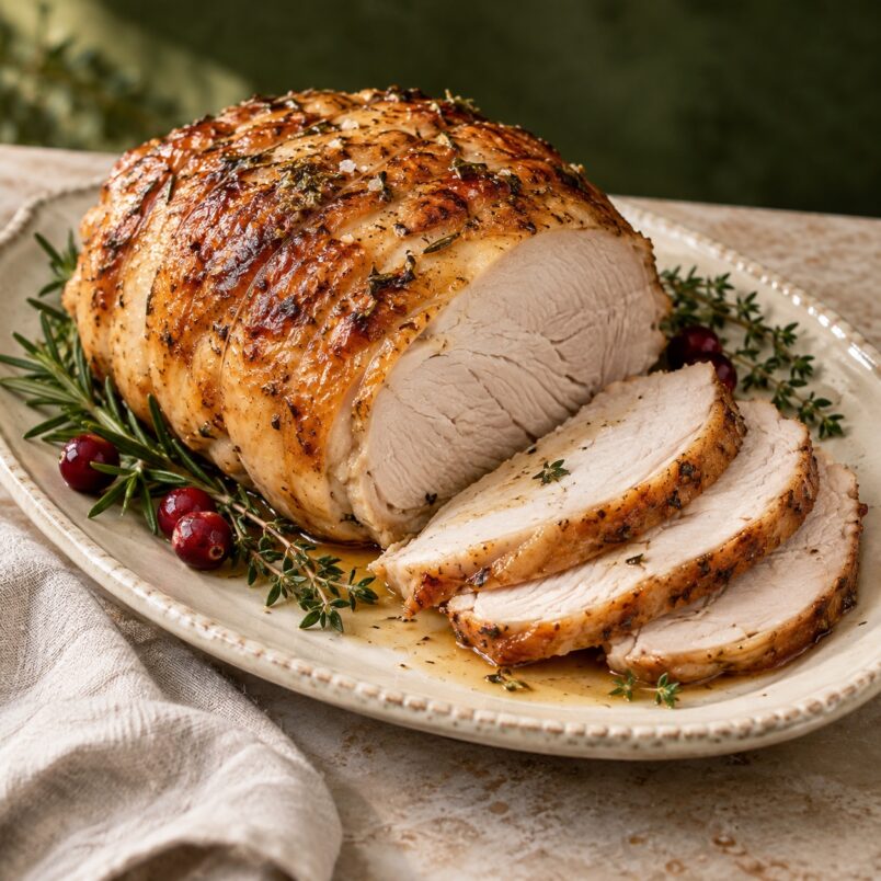 Roast turkey breast joint with freshly carved slices — serving suggestion