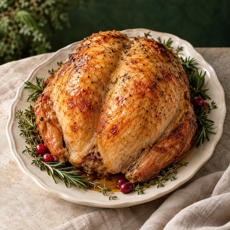 Golden roast turkey crown with rosemary — serving suggestion