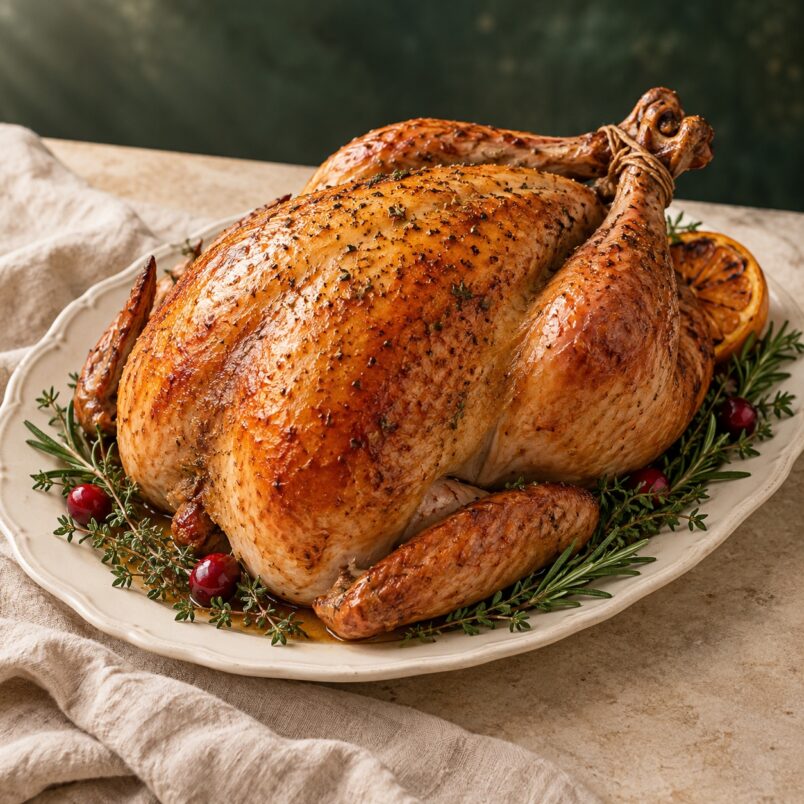 Golden roast whole turkey on an ivory platter with herbs — serving suggestion
