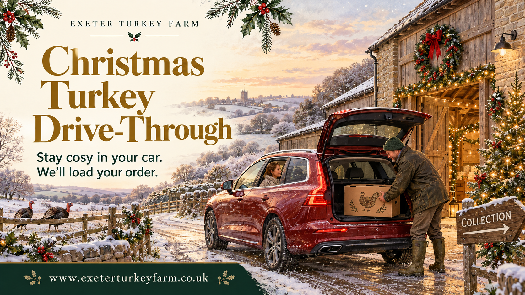 Festive illustration of Christmas turkey drive-through collection, with a boxed turkey being loaded into a car