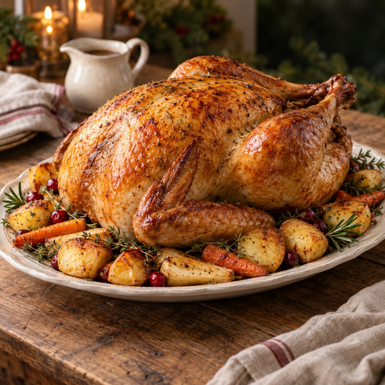 Golden roast turkey with traditional Christmas trimmings on an ivory platter at a candlelit farmhouse table — serving suggestion